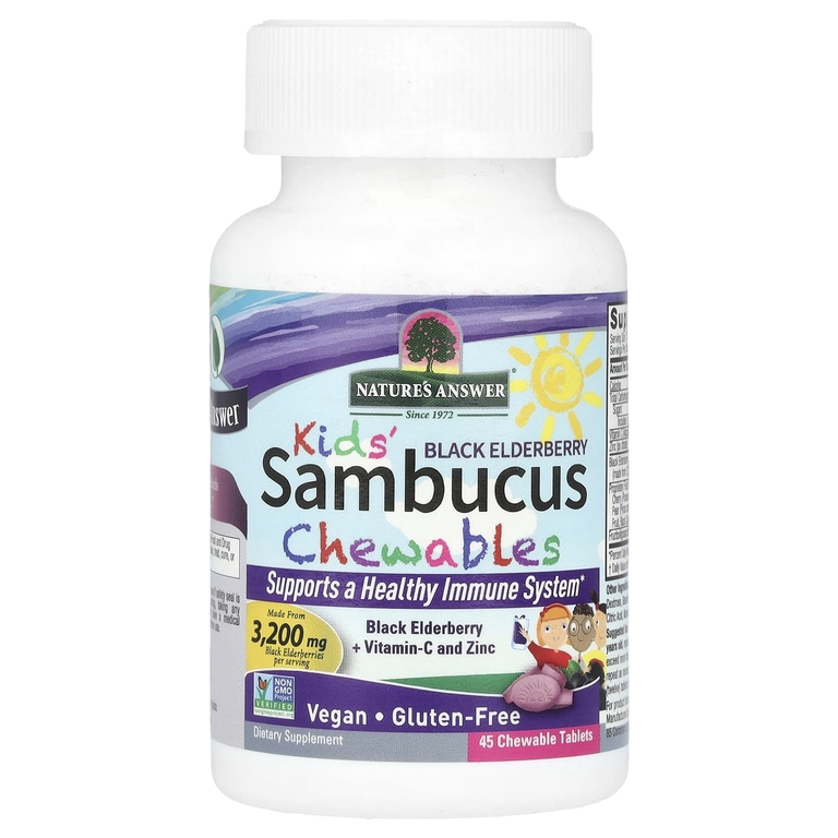 Nature's Answer, Kid's Sambucus, жевательные таблетки из черной бузины с витамином C и цинком, 45 жевательных таблеток