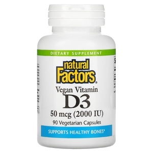 Natural Factors, Веганский витамин D3, 50 мкг (2000 МЕ), 90 вегетарианских капсул