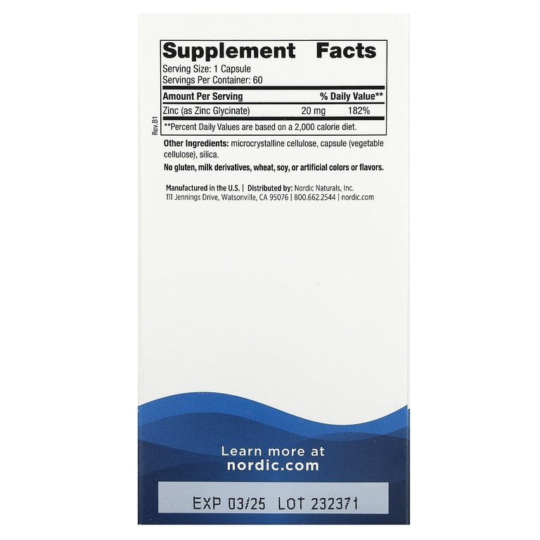 Nordic Naturals, глицинат цинка, 20 мг, 60 капсул