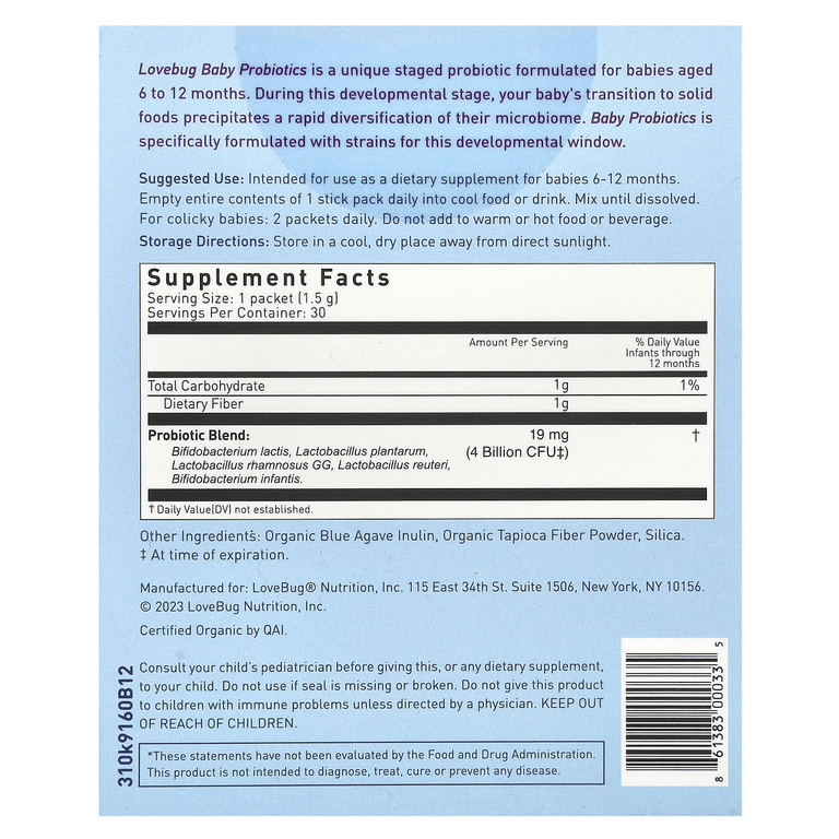 LoveBug Probiotics, Детские пробиотики, для детей от 6 до 12 месяцев, 4 млрд КОЕ, 30 порционных пакетиков