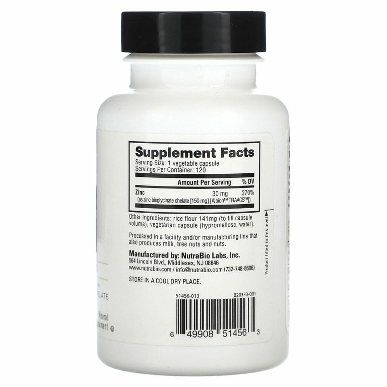 NutraBio, Zn, цинк, 30 мг, 120 капсул