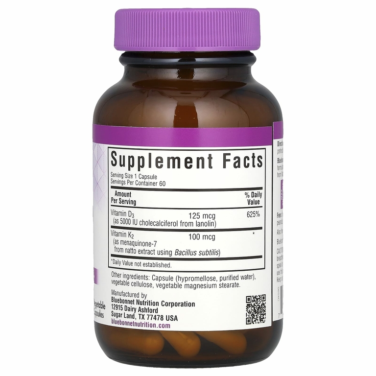 Bluebonnet Nutrition, витамины D3 и K2, 60 вегетарианских капсул