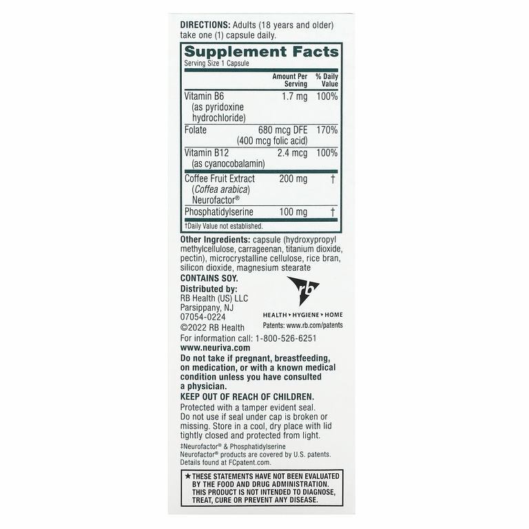 Schiff, Neuriva, здоровье мозга, с витаминами B6, B12 и фолиевой кислотой, 30 капсул