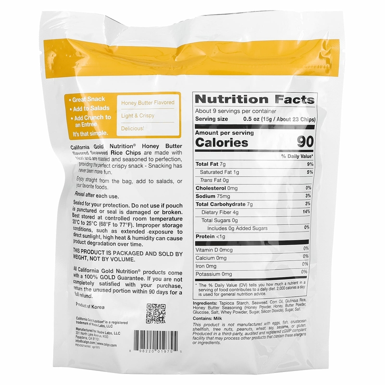 California Gold Nutrition, рисовые чипсы с водорослями, со вкусом меда и сливочного масла, 142 г (5 унций) (Товар снят с продажи) 