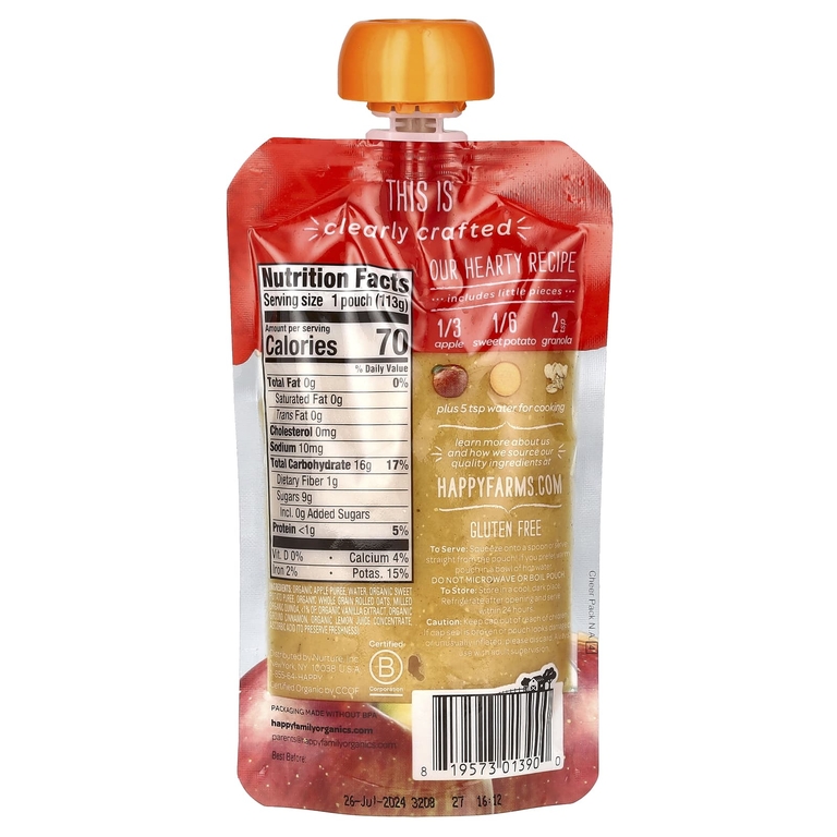 Happy Family Organics, Happy Baby, органическое детское питание, этап 2, яблоки, батат и мюсли, 113 г (4 унции)