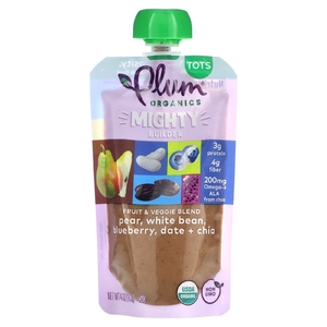 Plum Organics, Mighty Builder, смесь фруктов и овощей, горошек, груша, белая фасоль, голубика, финик и чиа, 113 г (4 унции) (Товар снят с продажи) 