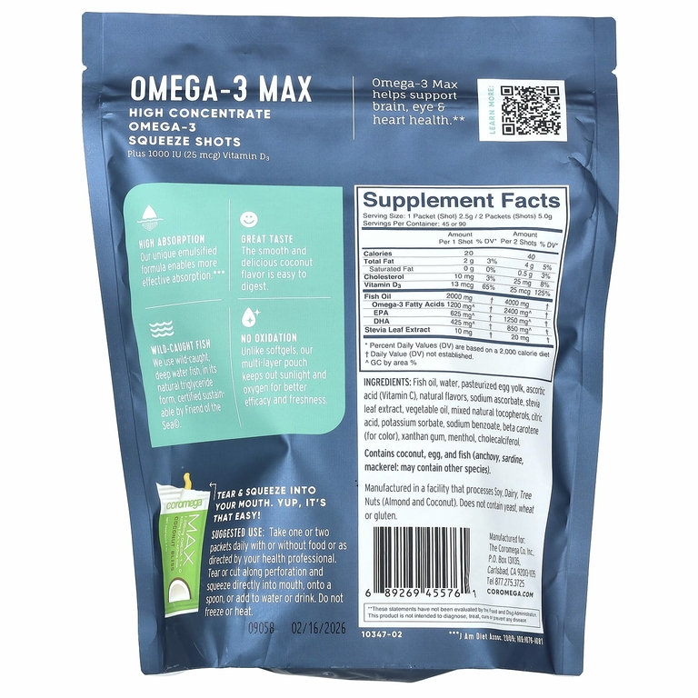 Coromega, Omega-3 Max Plus, высококонцентрированный витамин D3, со вкусом кокоса, 90 порционных пакетиков по 2,5 г