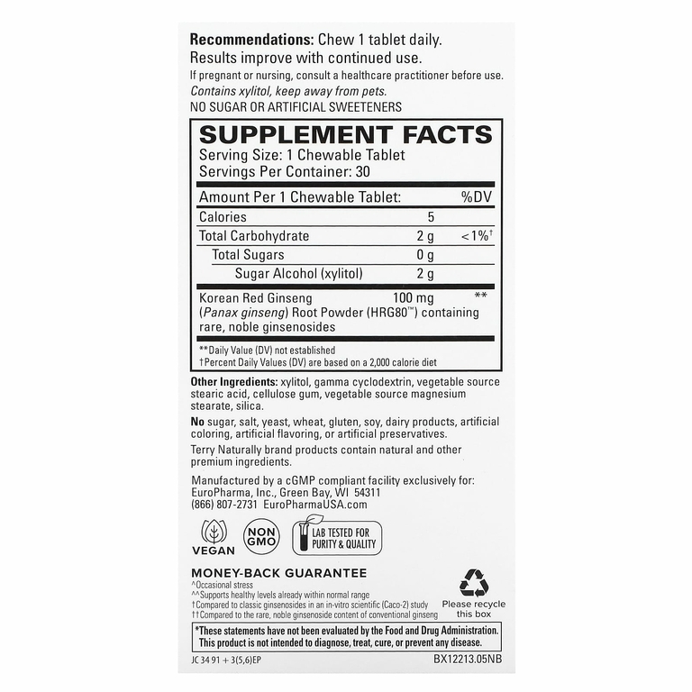 Terry Naturally, HRG80 Red Ginseng Energy, 30 жевательных таблеток (100 мг на таблетку)