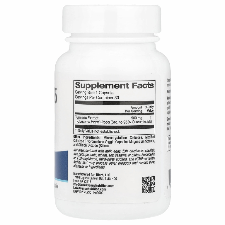 Lake Avenue Nutrition, куркумин 95, 500 мг, 30 вегетарианских капсул