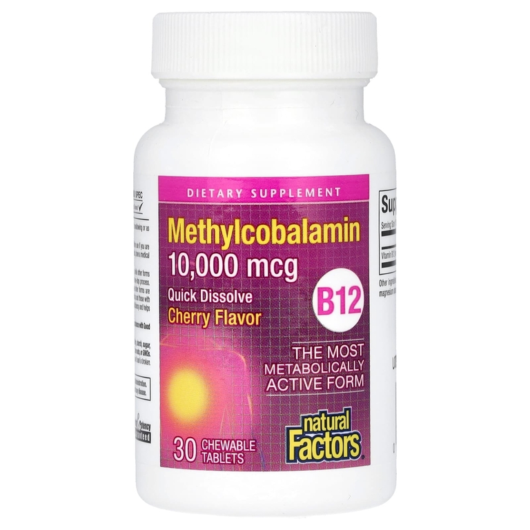Natural Factors, B12 Метилкобаламин, Вишня, 10 000 мкг, 30 жевательных таблеток