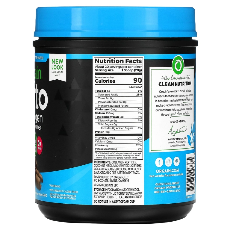Orgain, Keto, Кетогенный протеиновый порошок коллагена с маслом MCT, шоколад, 0,88 фунта (400 г)