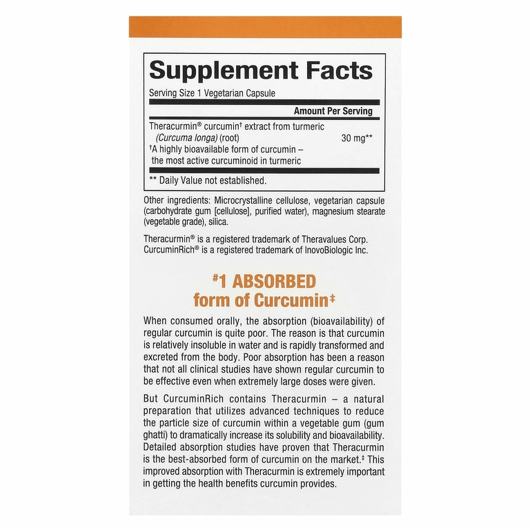 Natural Factors, CurcuminRich, Theracurmin, куркумин, 120 растительных капсул