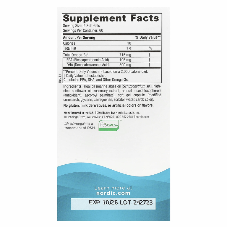 Nordic Naturals, Algae Omega, 120 мягких таблеток (357,5 мг в каждой капсуле)