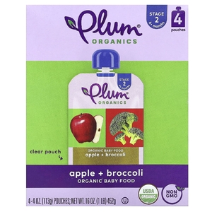 Plum Organics, органическое детское питание, для детей от 6 месяцев, яблоко и брокколи, 4 пакетика по 113 г (4 унции)