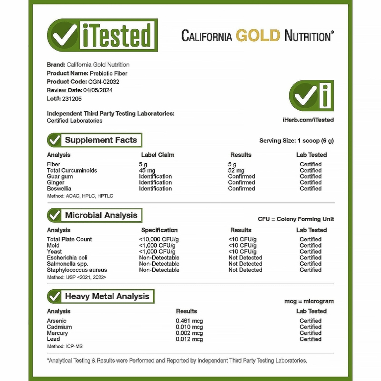 California Gold Nutrition, Пребиотическая клетчатка с куркумой, имбирем и босвеллией, 189 г (6,7 унции)