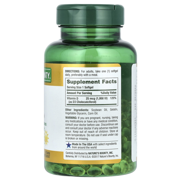 Nature's Bounty, D3, Immune Health, 25 мкг (1000 МЕ), 350 мягких таблеток с быстрым высвобождением