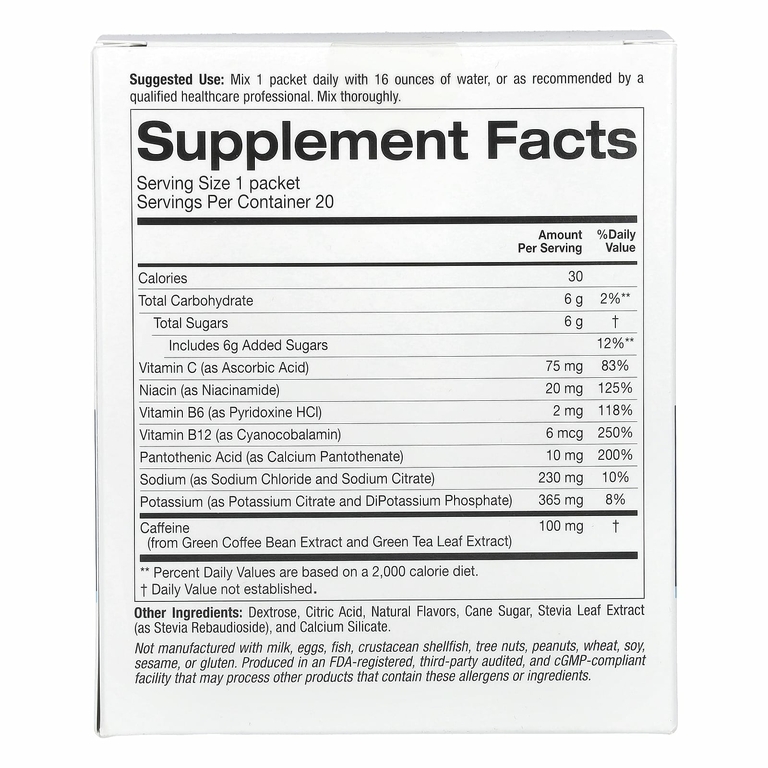 Lake Avenue Nutrition, смесь для приготовления напитка, повышающего уровень энергии, с калием, натрием, кофеином и витамином C, лимон и имбирь, 20 пакетиков по 11,6 г (0,41 унции)