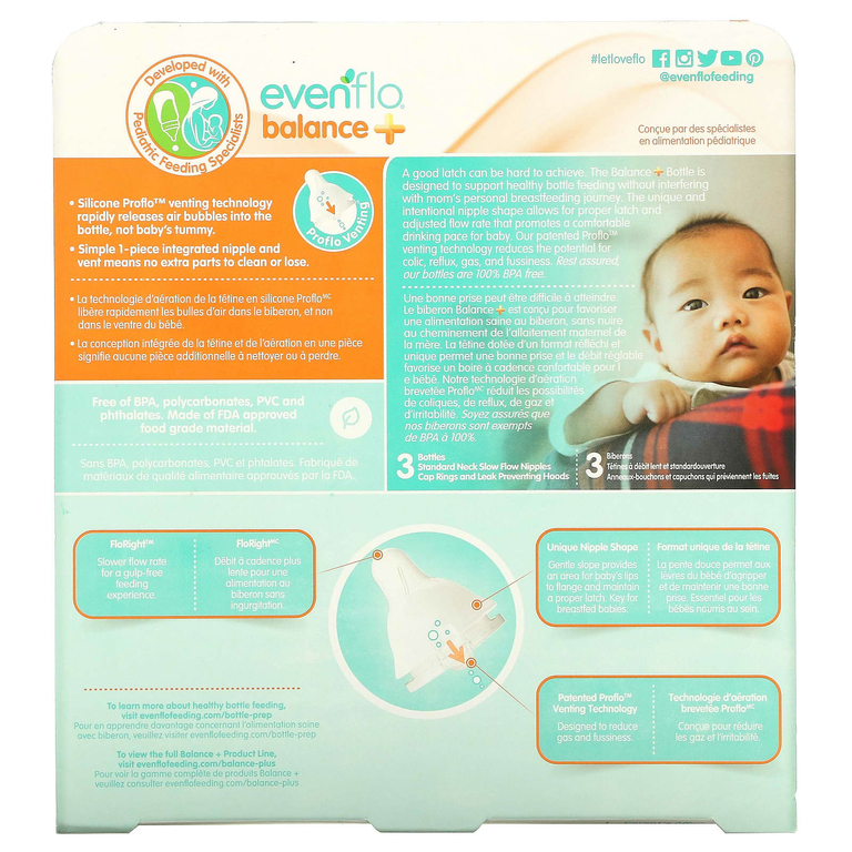 Evenflo Feeding, Balance +, стандартные, для детей от 0 месяцев, с медленным потоком, 3 флакона по 270 мл (9 унций) (Товар снят с продажи) 