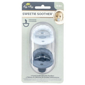 itzy ritzy, Sweetie Soother, пищевые силиконовые пустышки, для детей от 0 до 6 месяцев, косички Sky & Surf, 2 пустышки (Товар снят с продажи) 