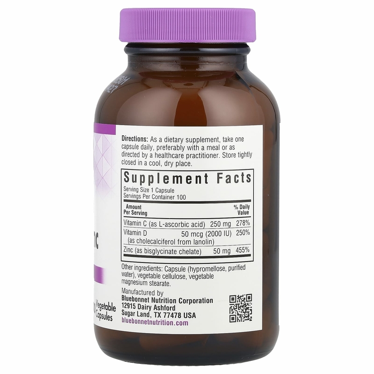 Bluebonnet Nutrition, витамины C, D3 и цинк, 100 растительных капсул