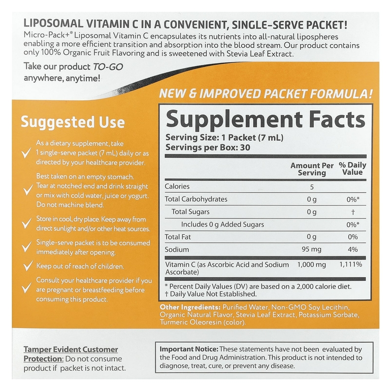 Aurora Nutrascience, Micro-Pack+, липосомальный витамин C, 1000 мг, 30 порционных пакетиков по 7 мл (0,24 жидк. унции)