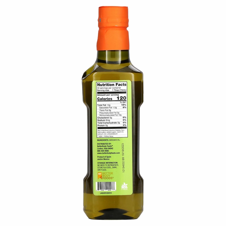 BetterBody Foods, рафинированное масло авокадо, 500 мл (16,9 жидк. унции)