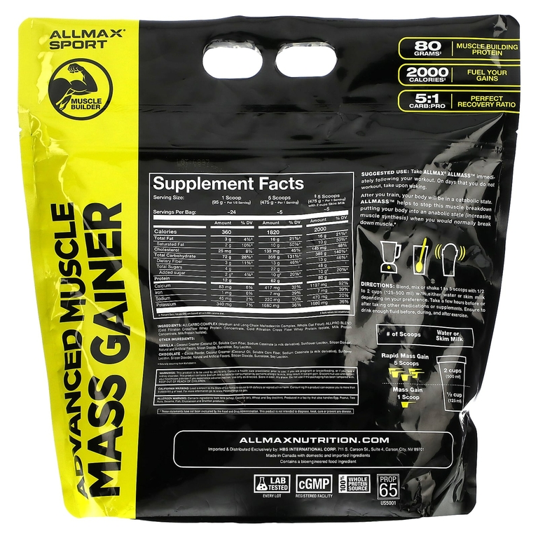 ALLMAX, Sport, ALLMASS ™, средство для наращивания мышечной массы, ваниль, 2,27 кг (5 фунтов)