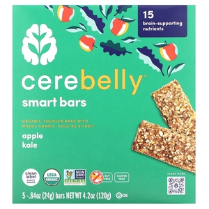 Cerebelly, Smart Bars, органические детские батончики, яблоко и кудрявая капуста, 5 батончиков по 24 г (0,84 унции)