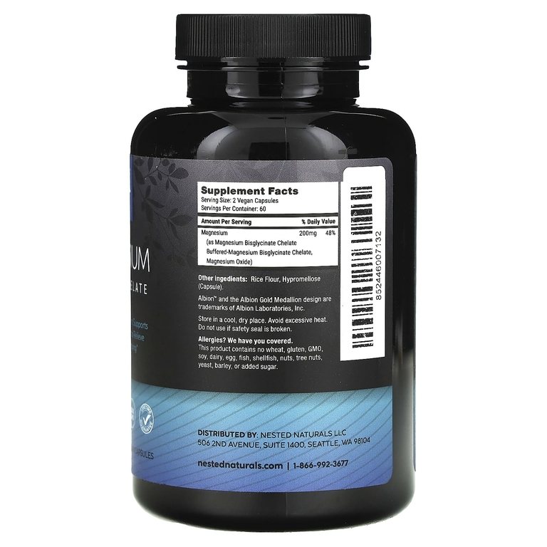 Nested Naturals, магний, хелатный глицинат, 120 веганских капсул (100 мг в 1 капсуле)