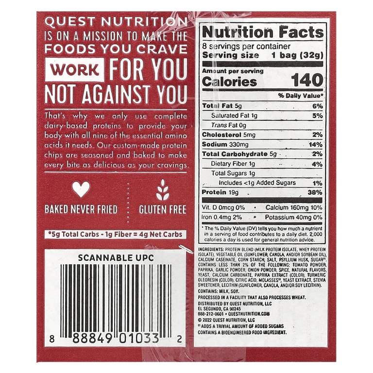 Quest Nutrition, Протеиновые чипсы в оригинальном стиле, для барбекю, 8 пакетиков по 32 г (1,1 унции)