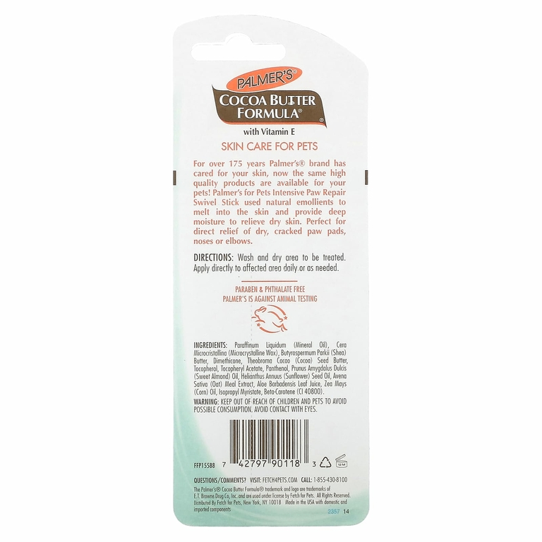 Palmer's for Pets, Какао-масло с витамином Е, интенсивное восстановление лап, для огрубевшей и сухой кожи, без отдушек, 14 г (0,5 унции)