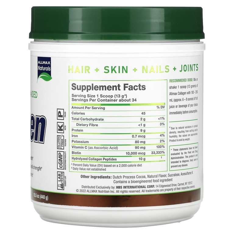 ALLMAX, коллаген с биотином и витамином C, шоколад, 440 г (15,5 унции)