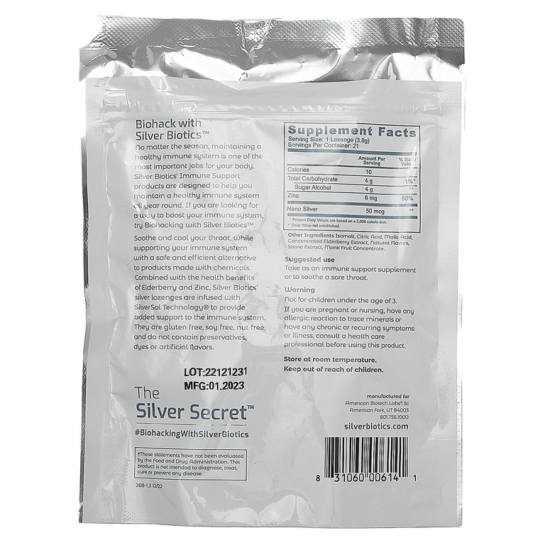 American Biotech Labs, Silver Biotics, леденцы с бузиной и цинком и серебром, 21 пастилка, 79,8 г (2,8 унции) (Товар снят с продажи) 
