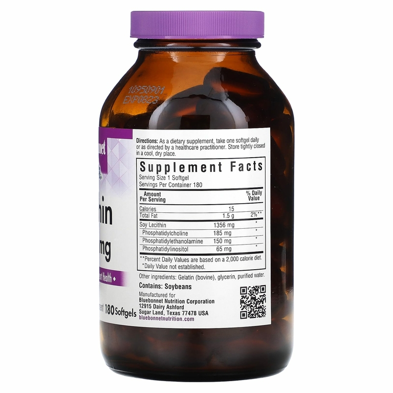 Bluebonnet Nutrition, натуральный лецитин, 1365 мг, 180 мягких желатиновых капсул
