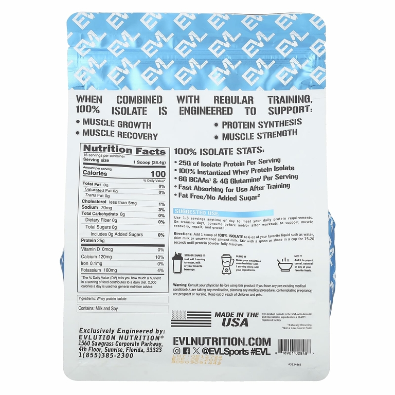 EVLution Nutrition, 100% изолят протеина, без добавок, 454 г (1 фунт)