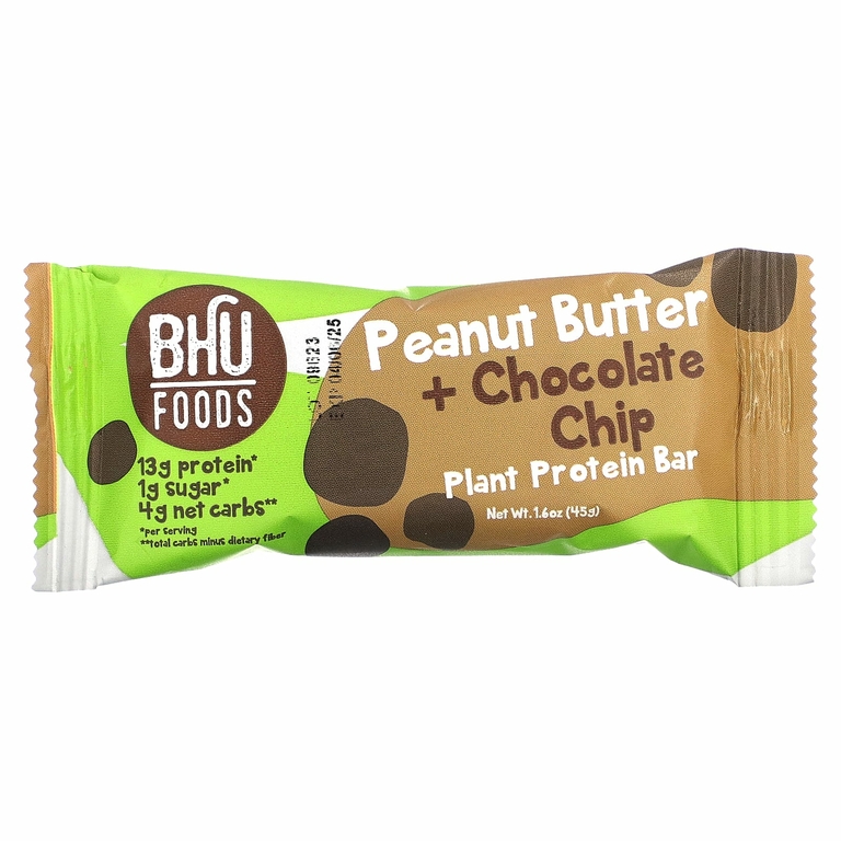 BHU Foods, Веганский протеиновый батончик, арахисовая паста и шоколадная крошка, 12 батончиков по 45 г (1,6 унции)