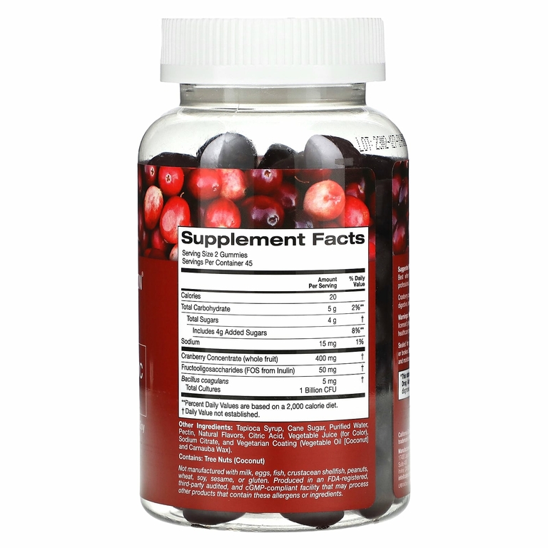 California Gold Nutrition, клюква и пробиотики в жевательных таблетках, с концентратом клюквы, фруктоолигосахаридами и бактериями бациллус коагуланс, с натуральным вкусом клюквы, 90 вегетарианских жевательных таблеток