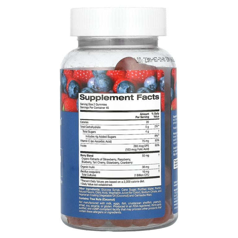 California Gold Nutrition, пробиотик с инулином в жевательных таблетках, с витамином C, фолатом, смесью экстрактов ягод и органическим инулином, с натуральным ягодным вкусом, 90 вегетарианских жевательных таблеток
