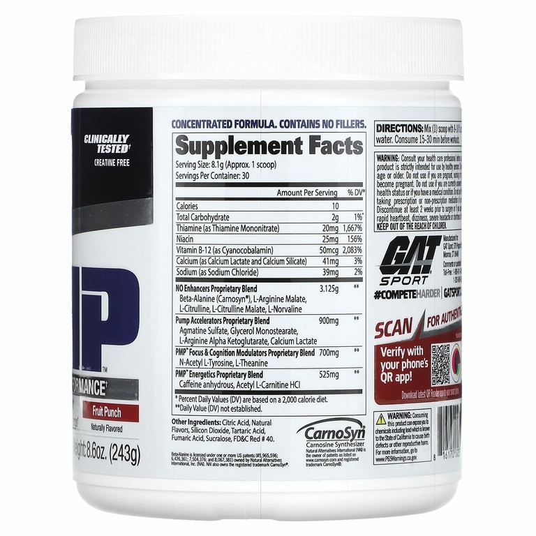GAT, PMP, без СТМ, Peak Muscle Performance, со вкусом фруктового пунша, 243 г (8,6 унции)