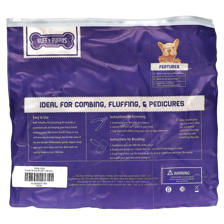 Ruff 'N Ruffus, Набор для ухода за кошками и собаками, щетка-щетка и кусачки для ногтей, фиолетовый, 1 щетка, 1 кусачки для ногтей