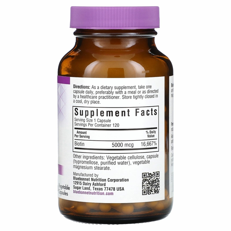 Bluebonnet Nutrition, Биотин, 5000 мкг, 120 растительных капсул