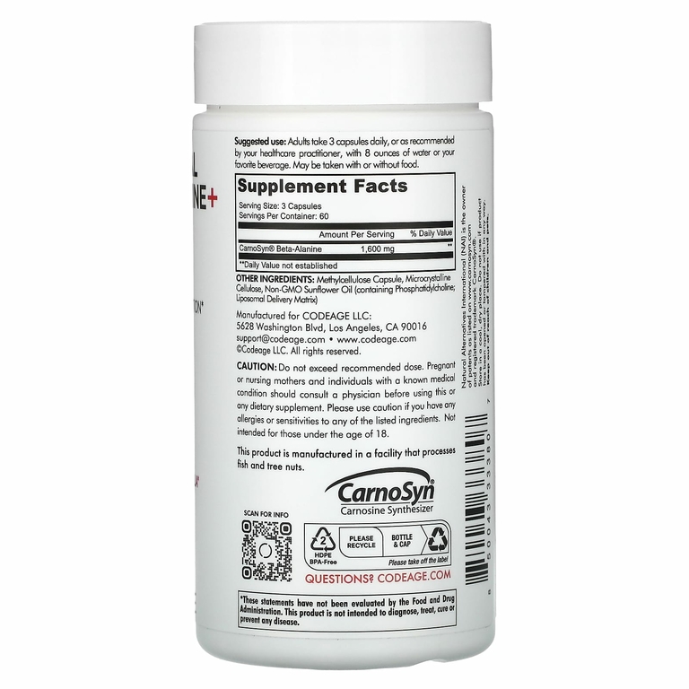 Codeage, Liposomal Beta-Alanine +, Centurion, CarnoSyn, улучшенное усвоение, 180 капсул (533 мг на капсулу)