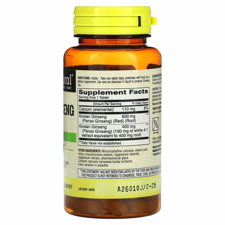 Mason Natural, Корейский женьшень, цельные травы, 60 таблеток