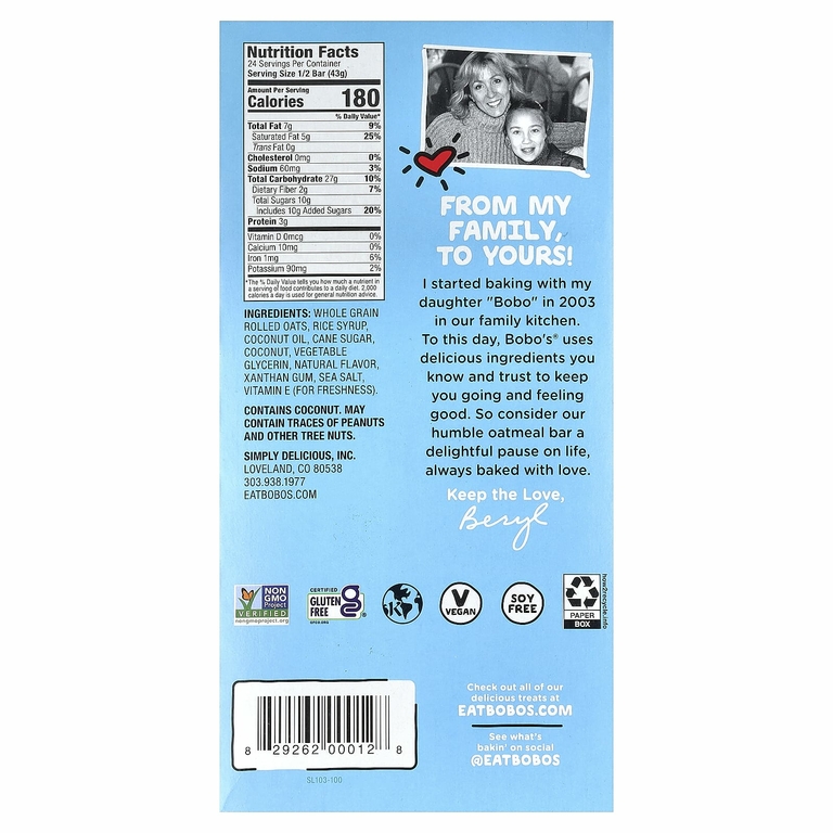 Bobo's Oat Bars, Кокосовые и овсяные батончики, 12 батончиков, 85 г (3 унции)