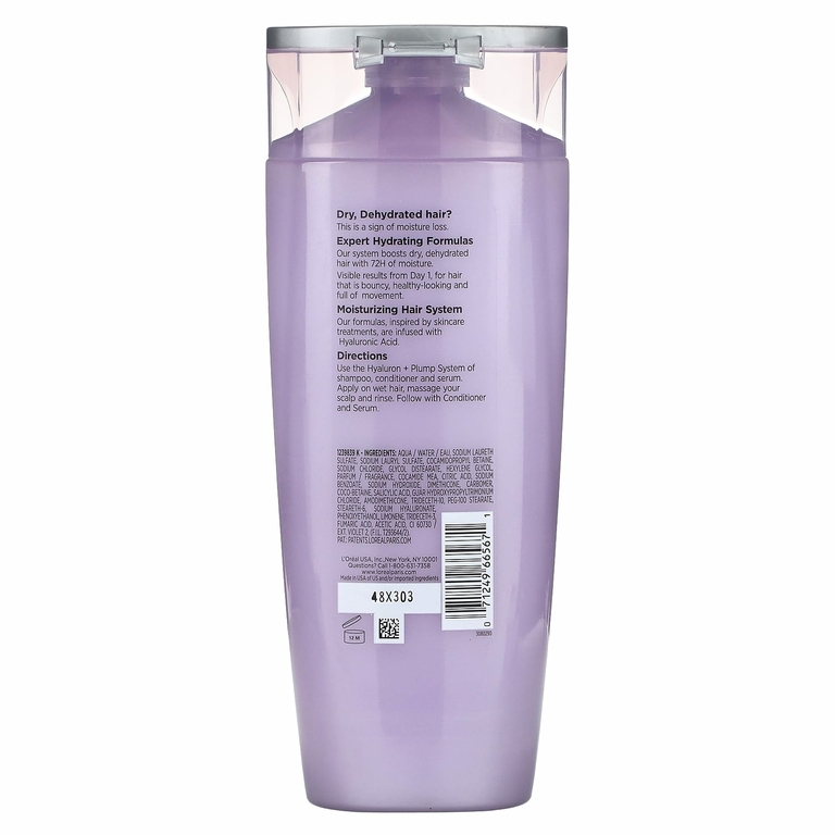 L'Oréal, Elvive, Hyaluron + Plump, увлажняющий шампунь на 72 часа, для сухих и обезвоженных волос, 375 мл (12,6 жидк. унц.)