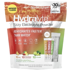 Hydralyte, шипучий электролитный порошок, ассорти вкусов, апельсин, клубничный лимонад и лаймад, 30 отдельных пакетиков