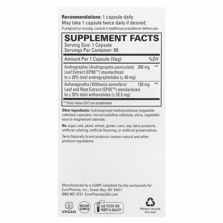 Terry Naturally, Андрографис и ашваганда, 60 капсул