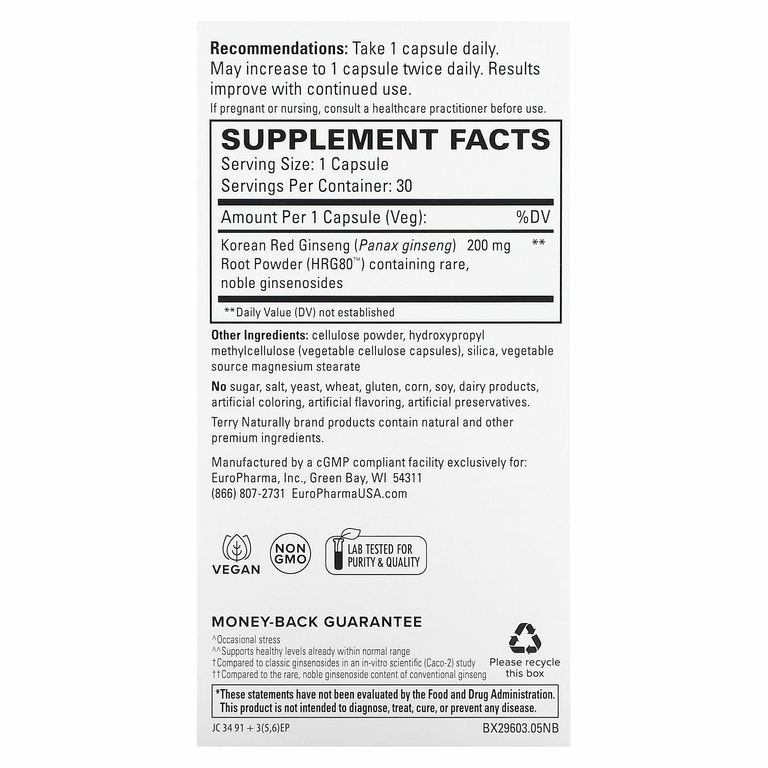 Terry Naturally, HRG80 Red Ginseng Energy, 200 мг, 30 капсул