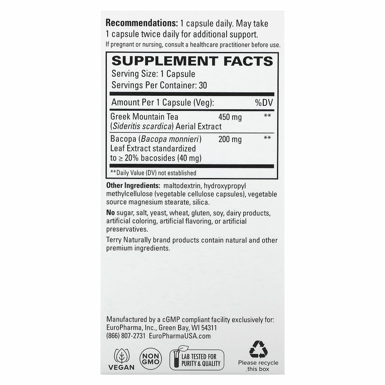 Terry Naturally, Греческий горный чай + бакопа, 30 капсул