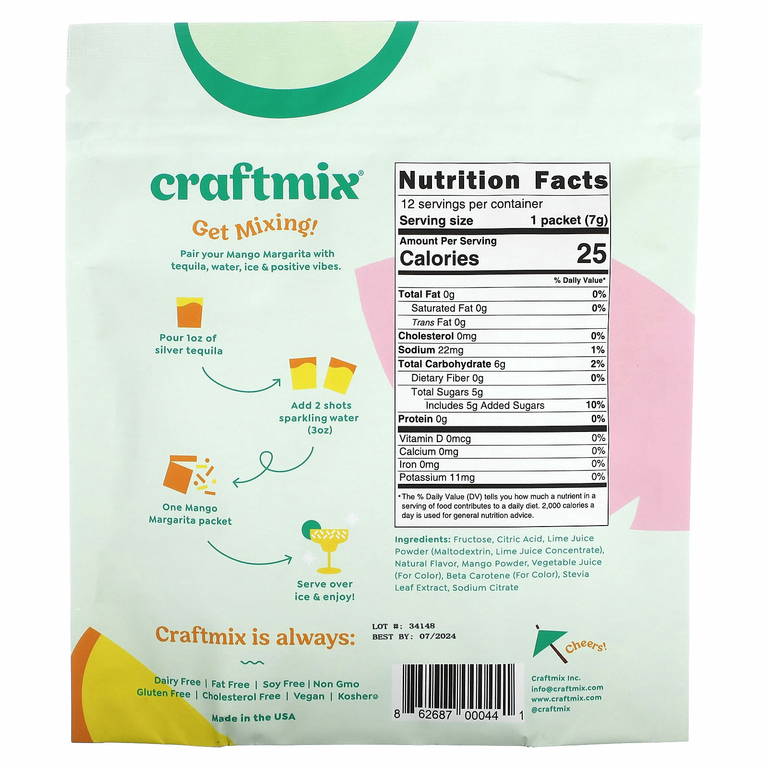 Craftmix, Пакетики для коктейлей, манго и маргарита, 12 пакетиков, 84 г (2,96 унции)